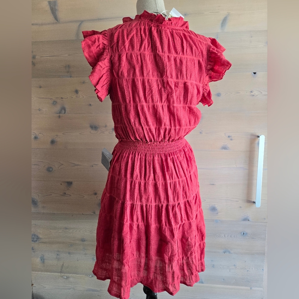 NWT Max Studio Ruffle Sleeve Tie Neck Cotton Lined Mini Dress Sz M - Picture 4 of 7